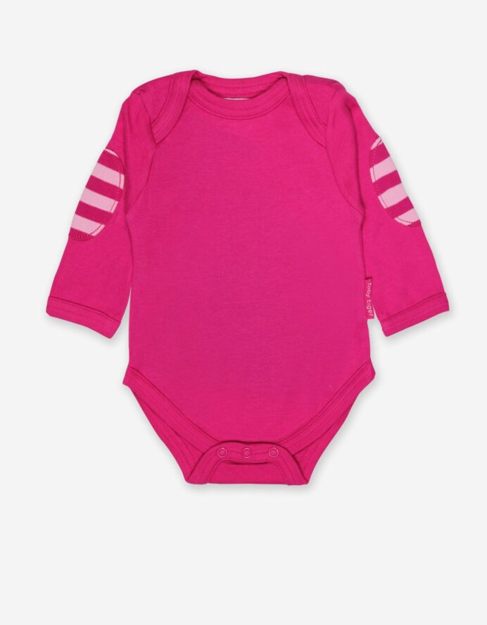 Body bébé manches longues en coton bio rose avec empiècements rayés