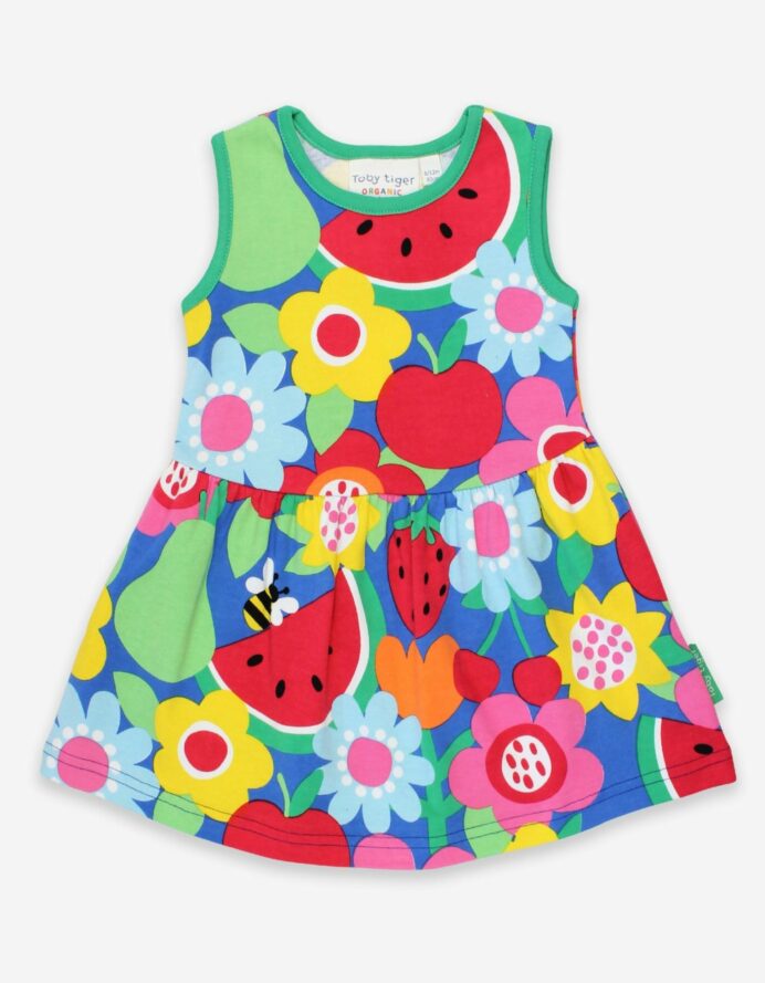 Robe sans manches en coton bio motifs « multifruits »