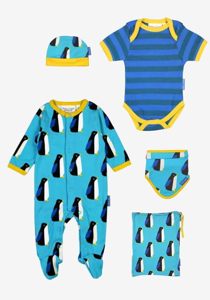 Kit naissance en coton biologique mixte motifs « pingouins »